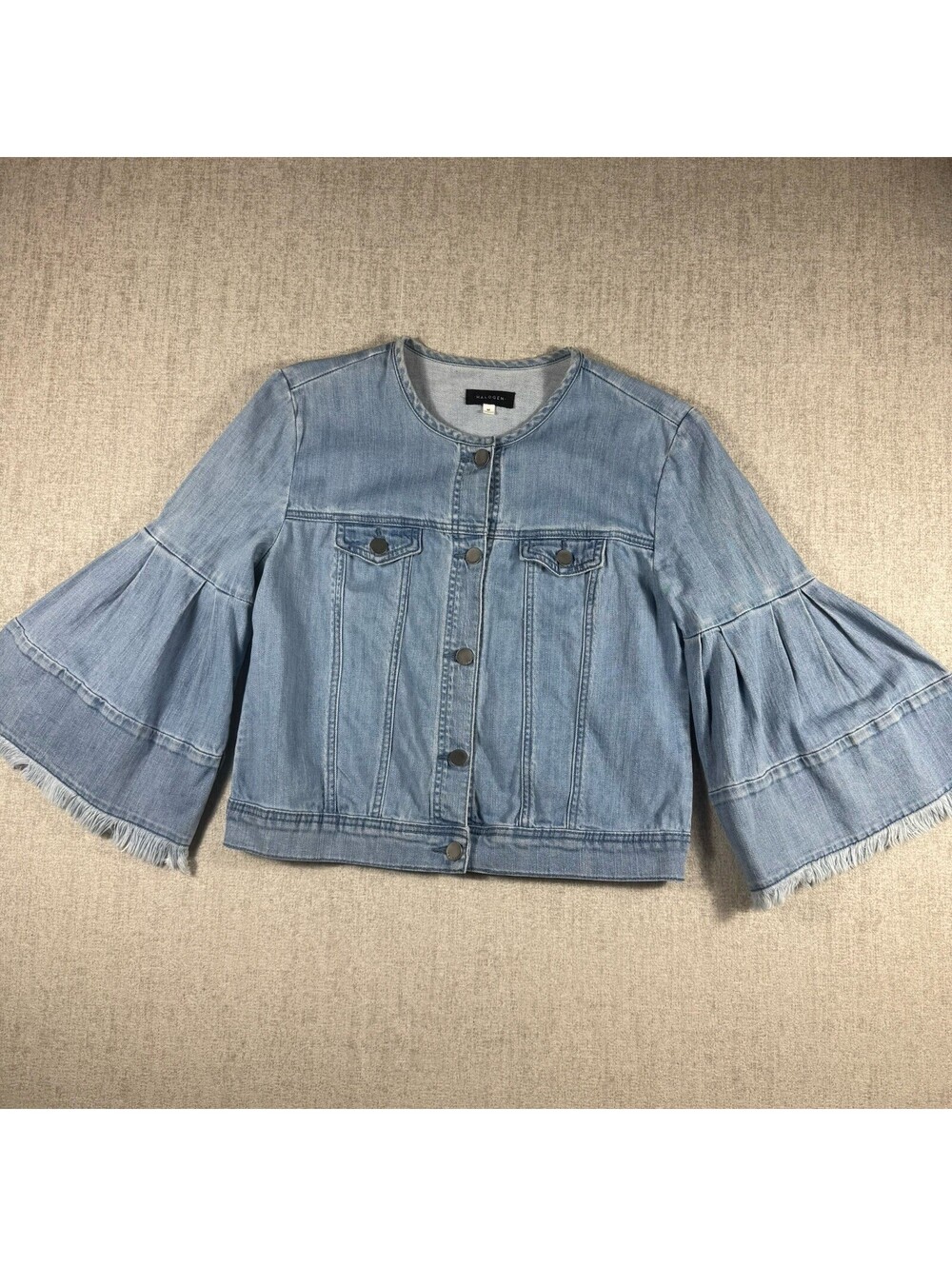 Halogen Womenβs Denim Jacket M Light Wash Tiered Bell Sleeve Raw Hem Stretch